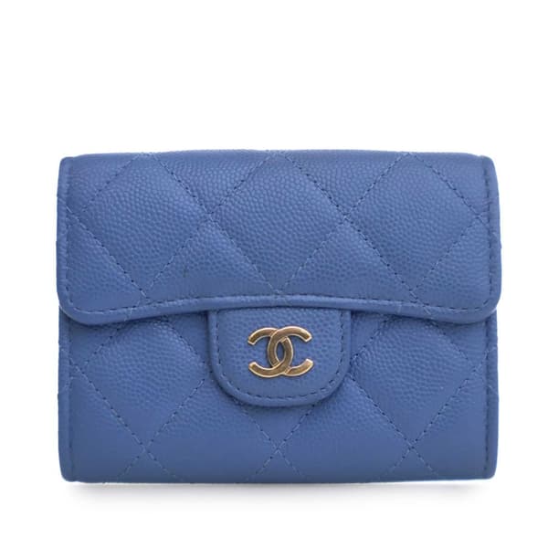 Pre-owned Chanel CC Quilted Caviar Flap Card Holder Blue
