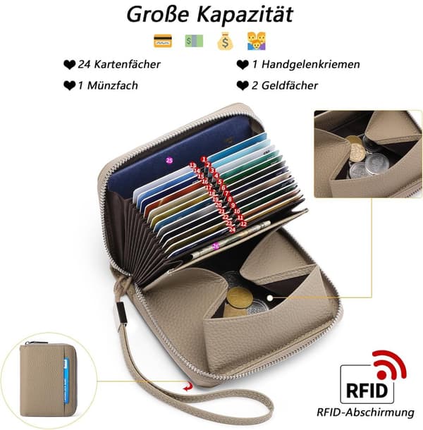 Læderrum med lynlås med stor kapacitet, møntrum i premium læder, 24-kortplads, tyverisikring RFID-beskyttelse