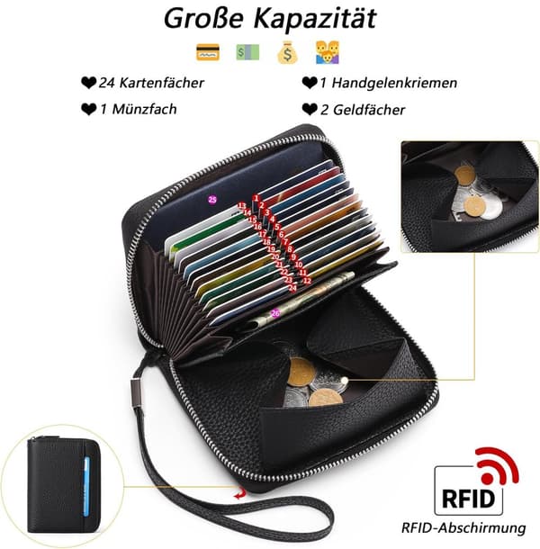 Læderrum med lynlås med stor kapacitet, møntrum i premium læder, 24-kortplads, tyverisikring RFID-beskyttelse