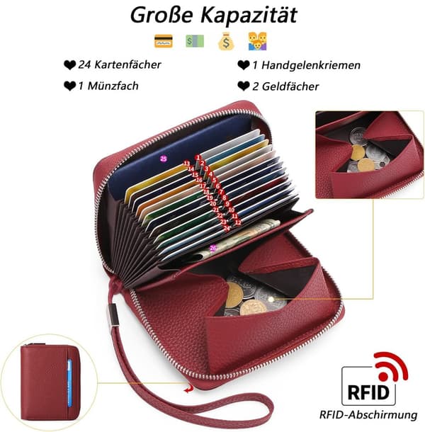 Suurikapasiteettinen vetoketjullinen nahkalokero, ensiluokkainen nahkainen kolikkolokero, 24 kortin paikka, varkaudenesto RFID-suojaus