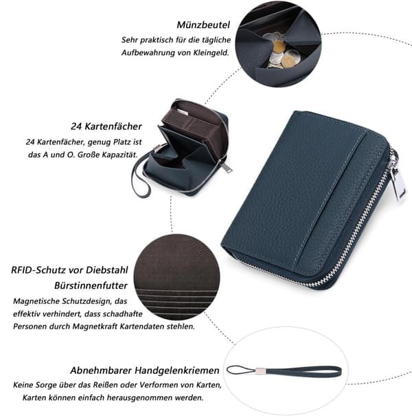 Læderrum med lynlås med stor kapacitet, møntrum i premium læder, 24-kortplads, tyverisikring RFID-beskyttelse