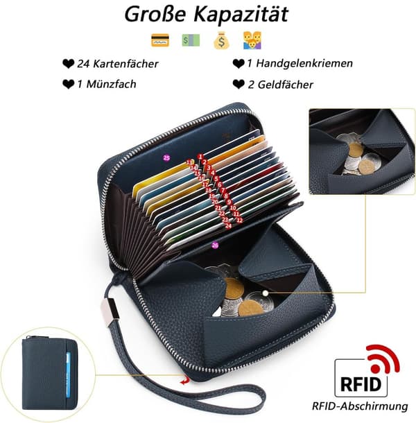 Læderrum med lynlås med stor kapacitet, møntrum i premium læder, 24-kortplads, tyverisikring RFID-beskyttelse