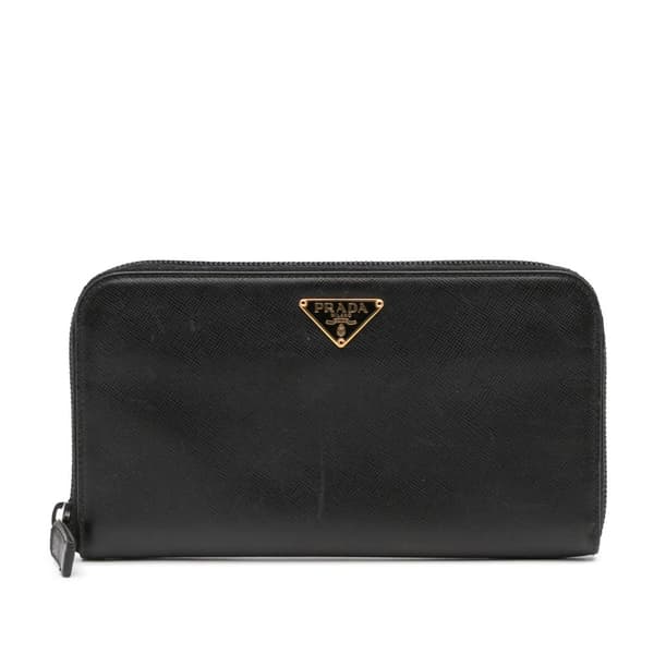 Pre-owned Prada Saffiano Zip Around Long Wallet Black