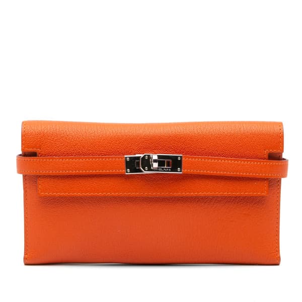 Pre-owned Hermès Chevre Mysore Kelly Longue Wallet Orange
