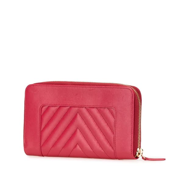 Pre-owned Chanel Chevron Sheepskin Mademoiselle Zip Around Wallet Red