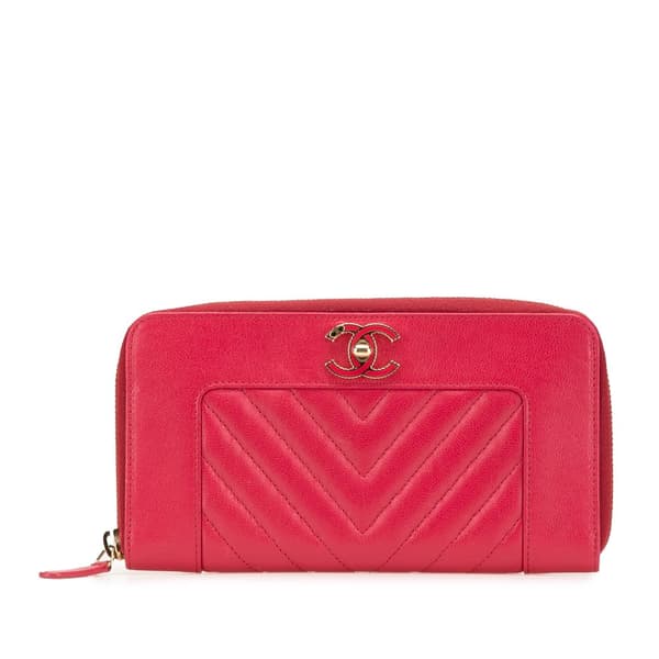 Pre-owned Chanel Chevron Sheepskin Mademoiselle Zip Around Wallet Red