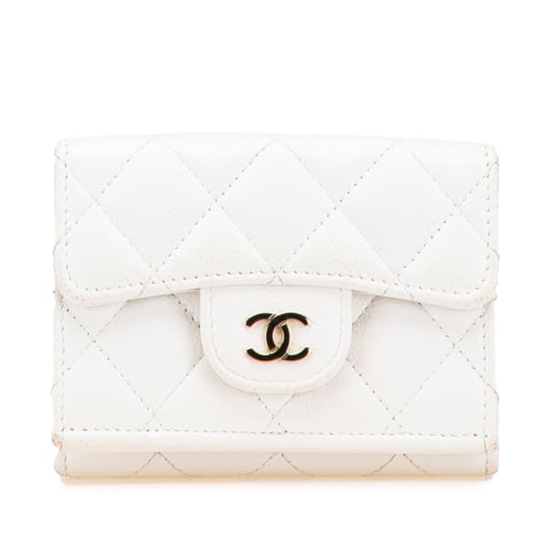 Pre-owned Chanel CC Quilted Caviar Trifold Flap Wallet White