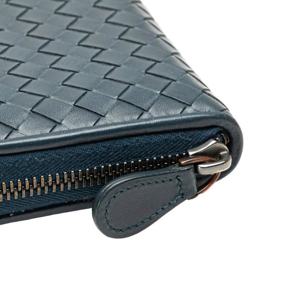Pre-owned Bottega Veneta Nappa Intrecciato Zip Around Long Wallet Blue