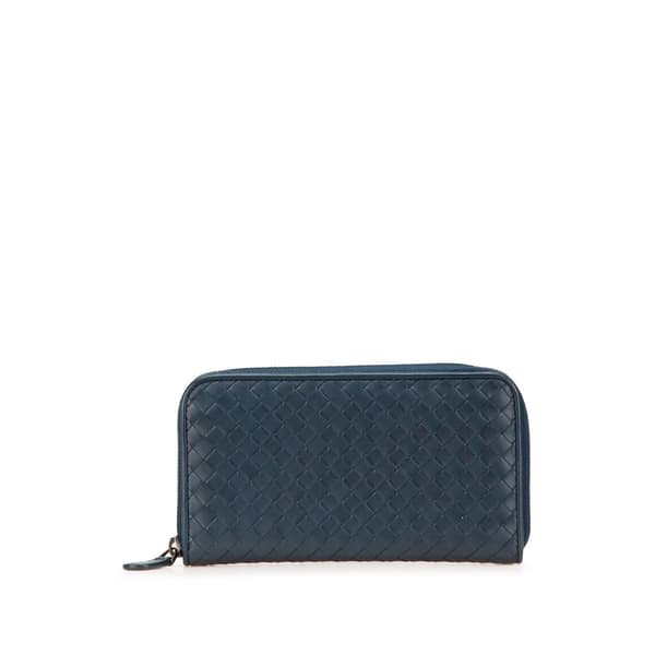 Pre-owned Bottega Veneta Nappa Intrecciato Zip Around Long Wallet Blue
