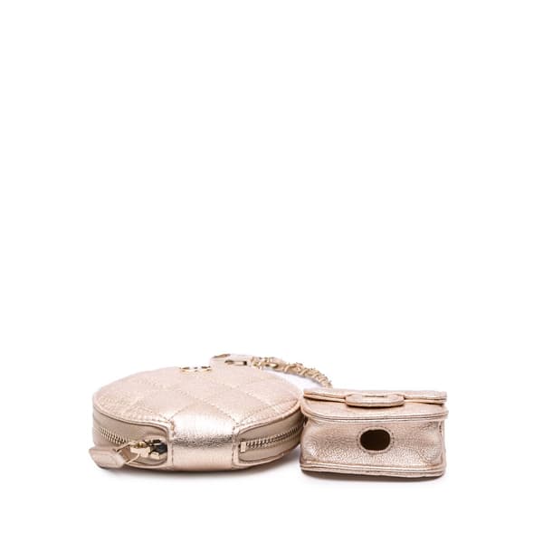 Pre-owned Chanel Metallic Quilted Lambskin Round Clip On Coin Purse Airpods Case Gold