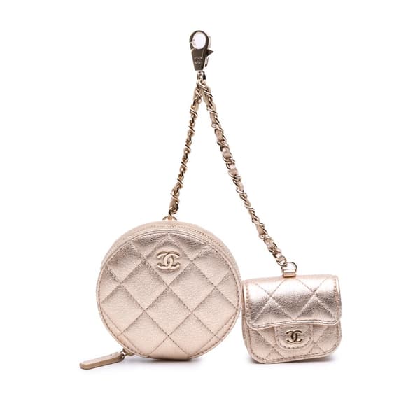 Pre-owned Chanel Metallic Quilted Lambskin Round Clip On Coin Purse Airpods Case Gold