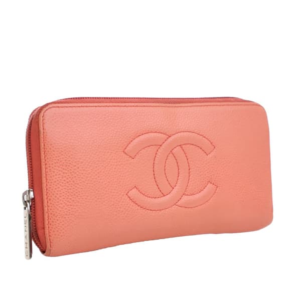 Pre-owned Chanel CC Caviar Zip Around Wallet Orange