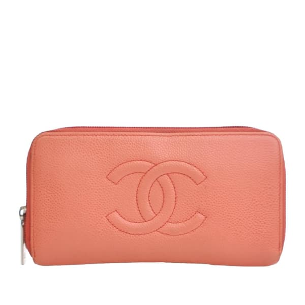Pre-owned Chanel CC Caviar Zip Around Wallet Orange