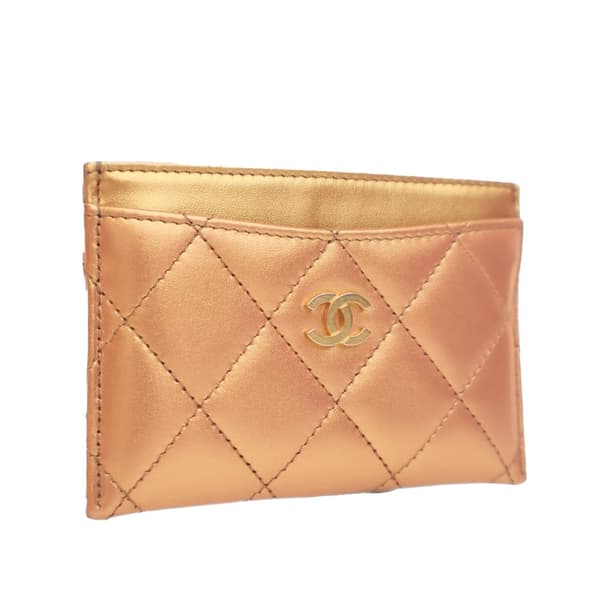 Pre-owned Chanel CC Quilted Metallic Lambskin Card Holder Gold
