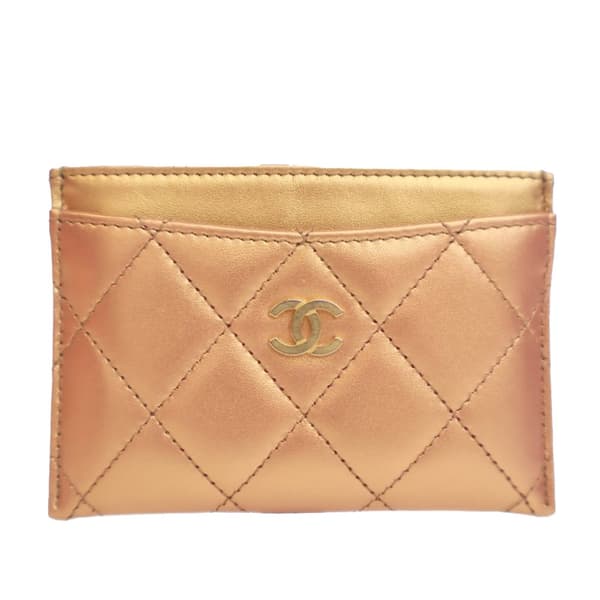 Pre-owned Chanel CC Quilted Metallic Lambskin Card Holder Gold