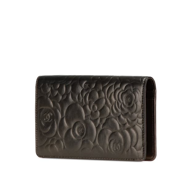 Pre-owned Chanel Embossed Lambskin CC Camellia Bifold Wallet Black