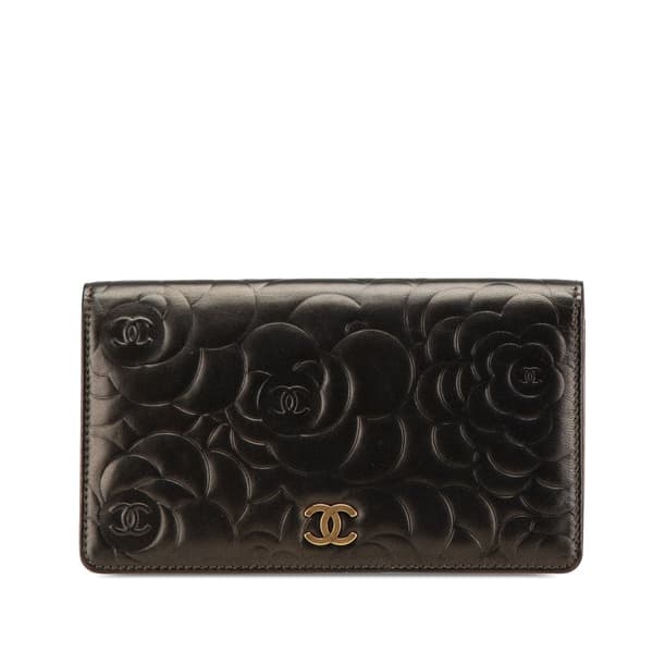 Pre-owned Chanel Embossed Lambskin CC Camellia Bifold Wallet Black