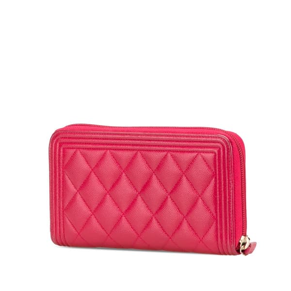 Pre-owned Chanel Quilted Caviar Boy Zip Around Wallet Pink