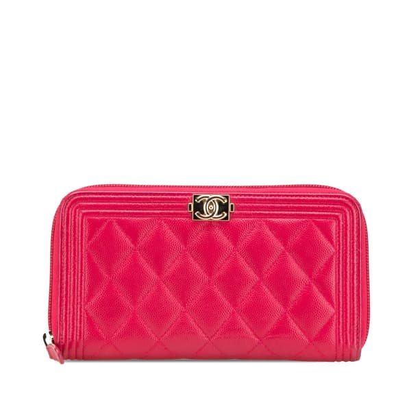 Pre-owned Chanel Quilted Caviar Boy Zip Around Wallet Pink