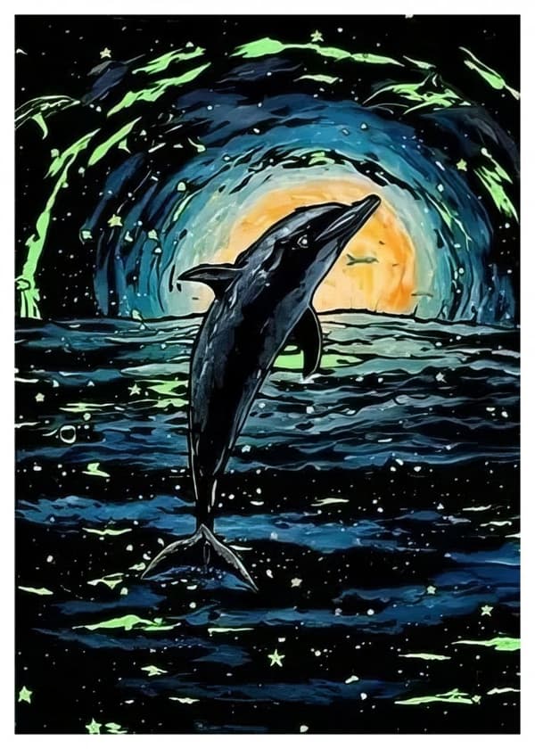 Skraplott med självlysande mönster, hoppande delfin, 40x28 cm