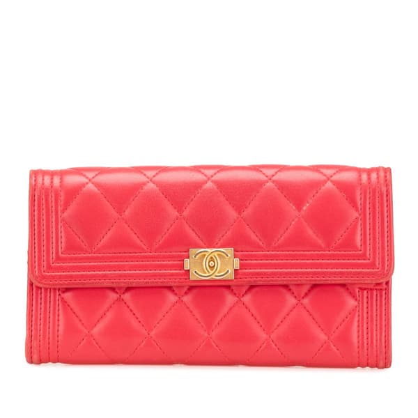 Pre-owned Chanel CC Quilted Lambskin Boy Flap Wallet Pink