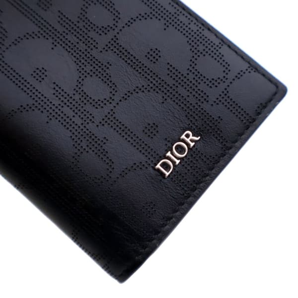 Pre-owned Dior Perforated Oblique Calfskin Galaxy Bifold Card Holder Black