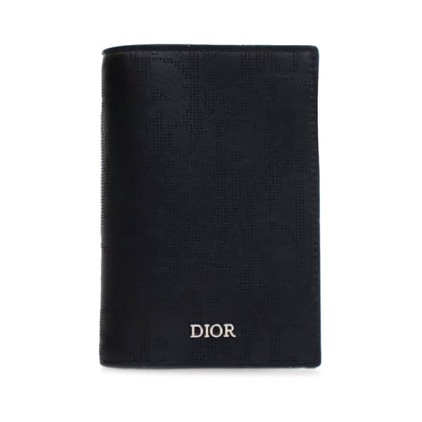 Pre-owned Dior Perforated Oblique Calfskin Galaxy Bifold Card Holder Black