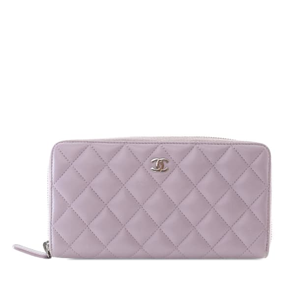 Pre-owned Chanel Quilted Lambskin Classic Long Zip Wallet Purple
