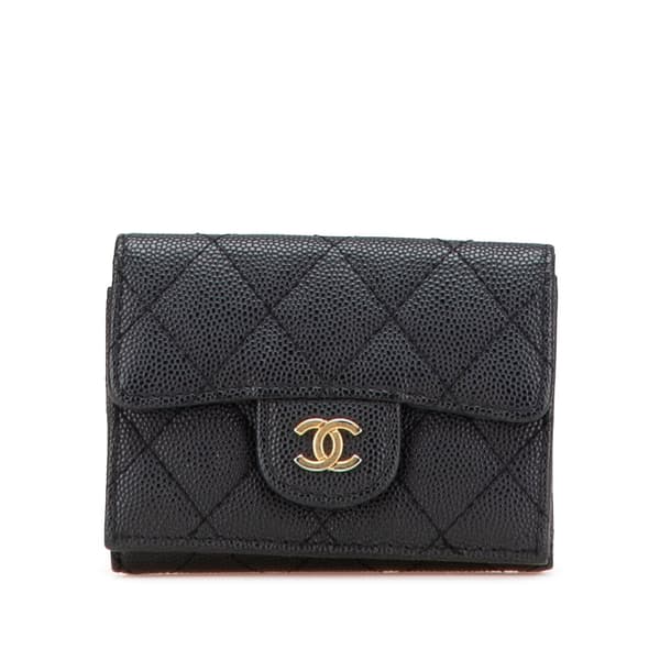 Pre-owned Chanel CC Quilted Caviar Trifold Wallet Black