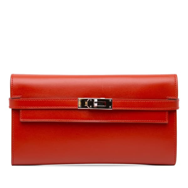 Pre-owned Hermès Box Calf Kelly Longue Wallet Orange