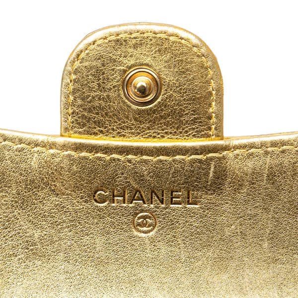 Pre-owned Chanel CC Metallic Calfskin Crocodile Embossed Compact Flap Wallet Gold