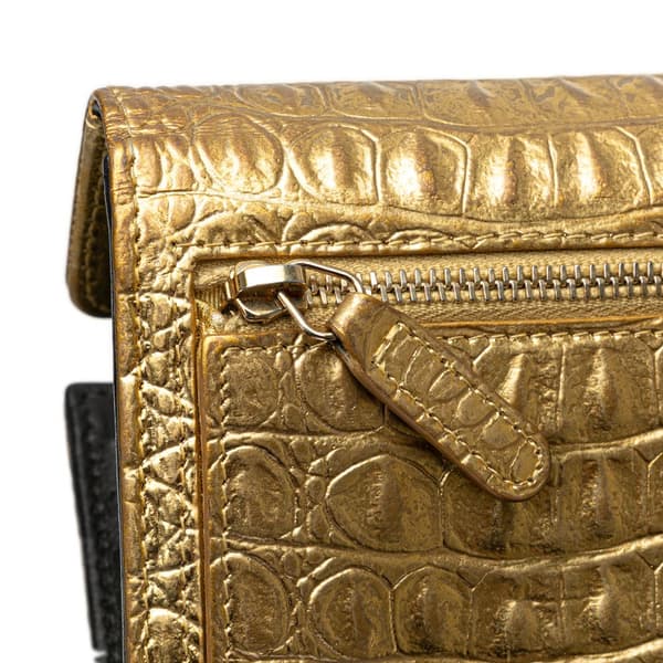 Pre-owned Chanel CC Metallic Calfskin Crocodile Embossed Compact Flap Wallet Gold