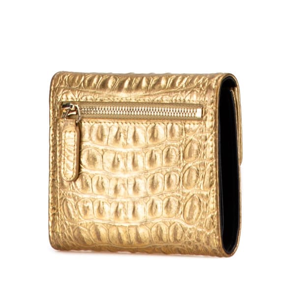 Pre-owned Chanel CC Metallic Calfskin Crocodile Embossed Compact Flap Wallet Gold
