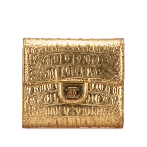 Pre-owned Chanel CC Metallic Calfskin Crocodile Embossed Compact Flap Wallet Gold