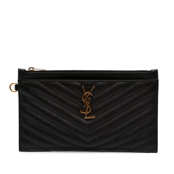 Pre-owned Saint Laurent Large Grain De Poudre Chevron Monogram Bill Pouch Black