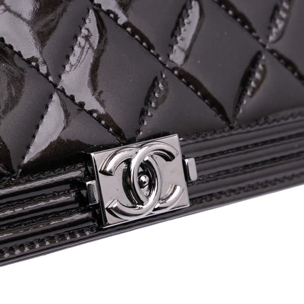 Pre-owned Chanel Quilted Patent Boy Long Wallet Black