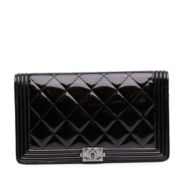 Pre-owned Chanel Quilted Patent Boy Long Wallet Black