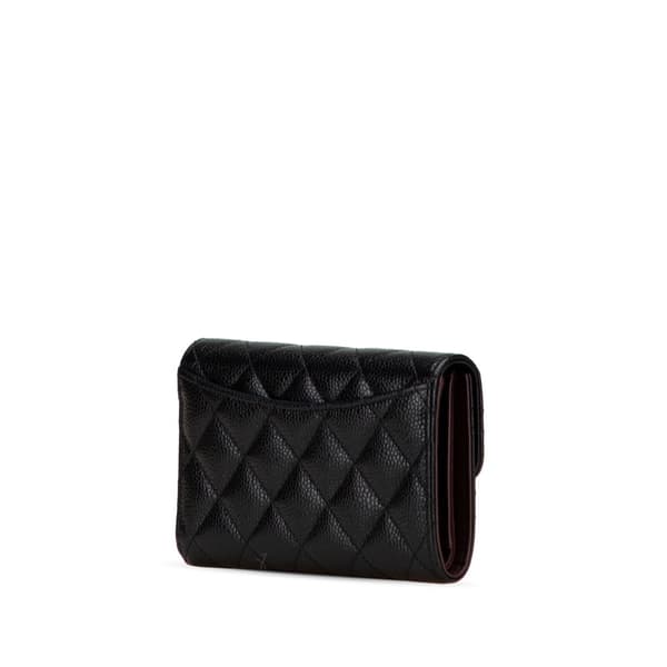 Pre-owned Chanel CC Quilted Caviar Trifold Flap Wallet Black