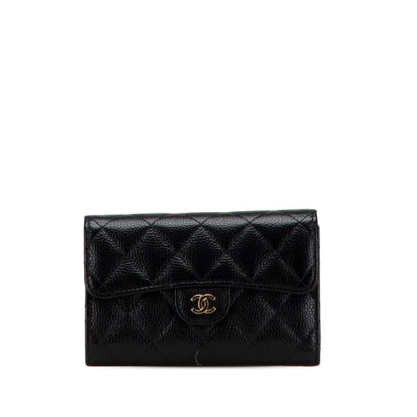 Pre-owned Chanel CC Quilted Caviar Trifold Flap Wallet Black