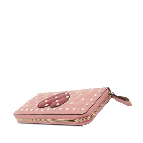 Pre-owned Valentino Lambskin Rockstud Spike Heart Zip Around Wallet Pink