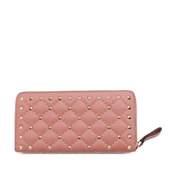 Pre-owned Valentino Lambskin Rockstud Spike Heart Zip Around Wallet Pink