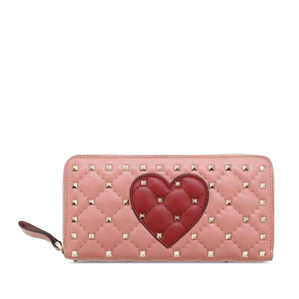 Pre-owned Valentino Lambskin Rockstud Spike Heart Zip Around Wallet Pink