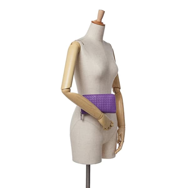 Pre-owned Bottega Veneta Leather Intrecciato Zip Around Wallet Purple