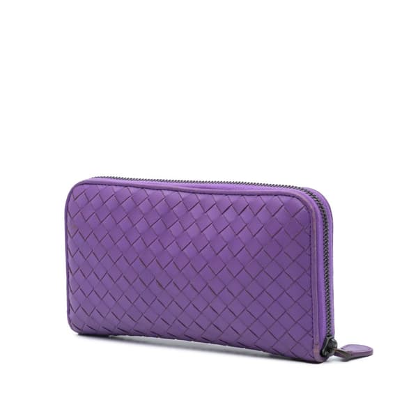 Pre-owned Bottega Veneta Leather Intrecciato Zip Around Wallet Purple
