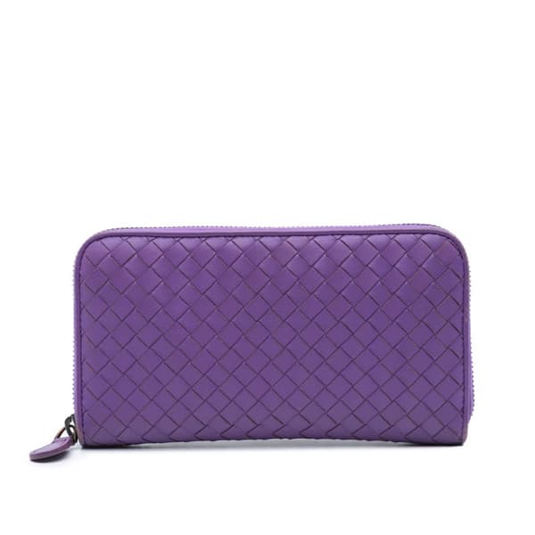 Pre-owned Bottega Veneta Leather Intrecciato Zip Around Wallet Purple