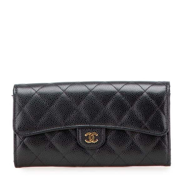 Pre-owned Chanel CC Quilted Caviar Classic Flap Wallet Black