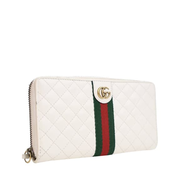 Pre-owned Gucci Quilted Leather Web Trapuntata Zip Around Wallet White