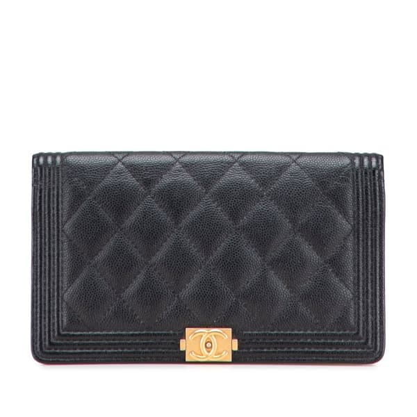 Pre-owned Chanel Quilted Caviar Boy Yen Long Wallet Black