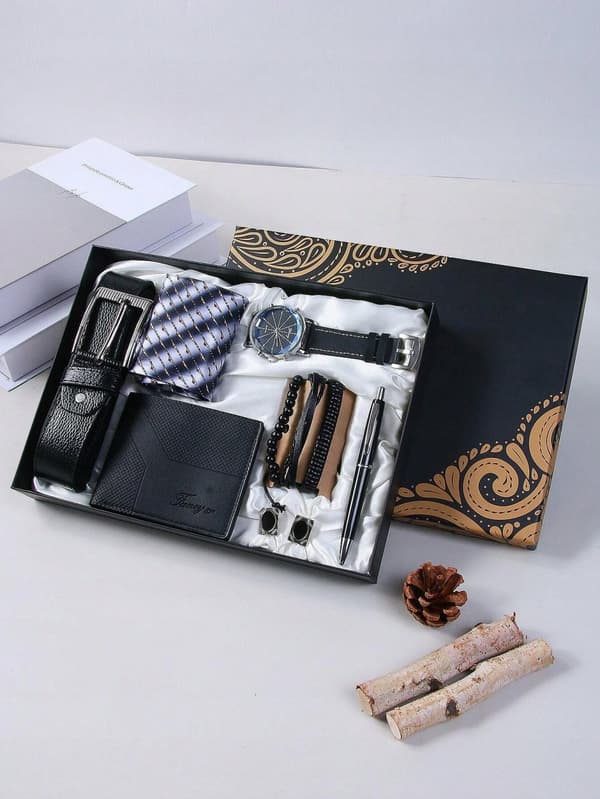 Presentset för män Plånbok Bälte Klocka Armband Penna