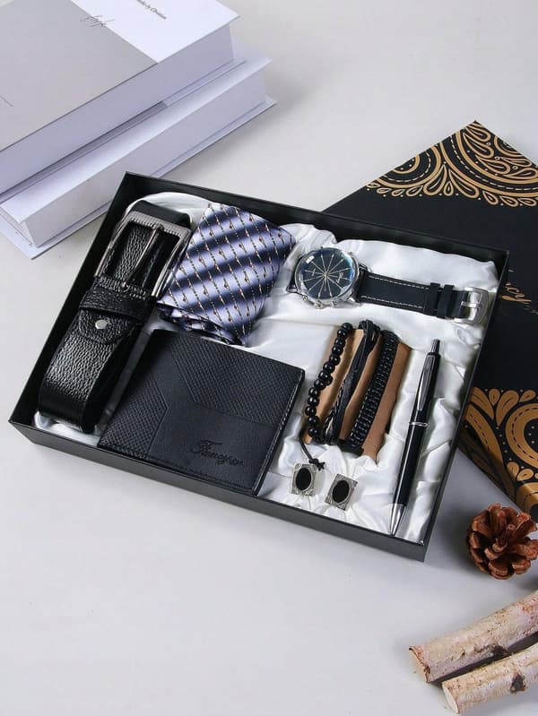 Presentset för män Plånbok Bälte Klocka Armband Penna